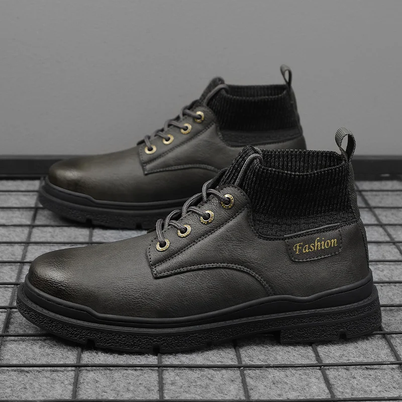 

Men's Leather Shoes High Quality Fashion Mid-Top Slip-On Shoes British Street Personality Retro Design Casual Martin Shoes