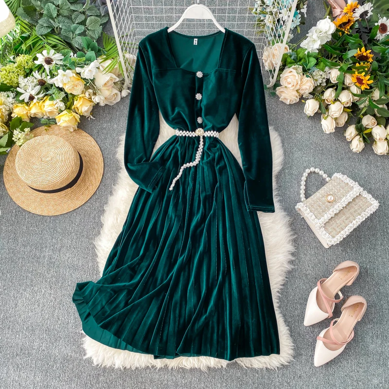 Осенне зимнее женское элегантное велюровое платье Дамское тонкое