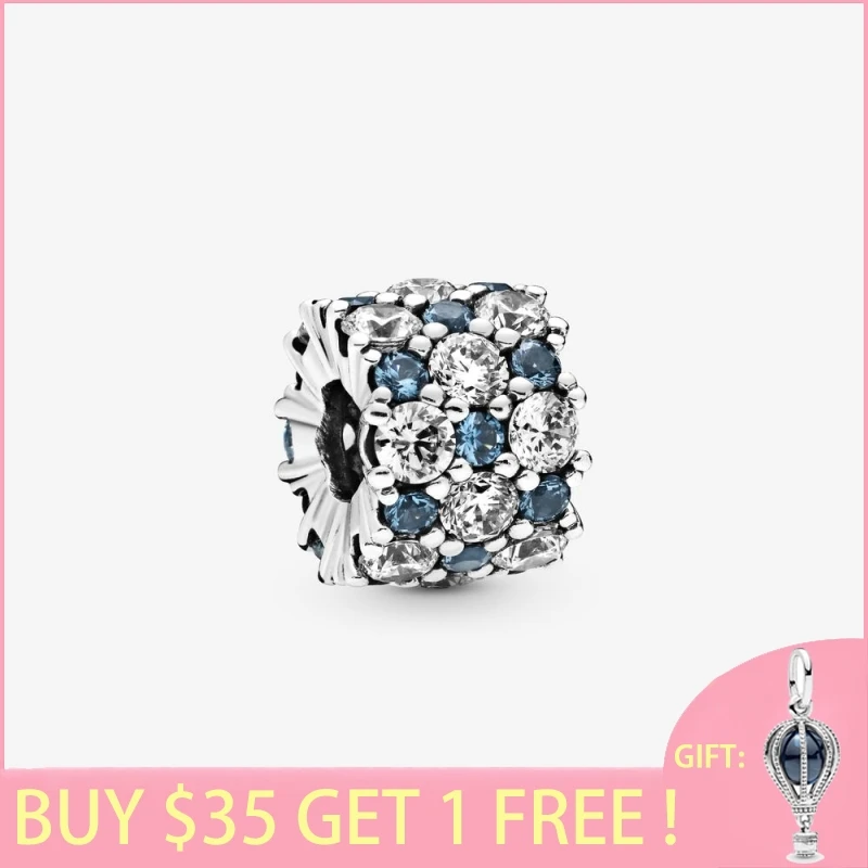

2021 Spring new 100% 925 Sterling Silver Beads Blue and Clear Sparkle Charms fit Original Pandora Bracelets Women DIY Jewelry