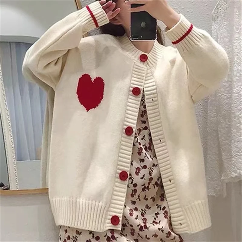 

Sweet Cardigan Woman Autumn Winter 2021 O-Neck Striped Long Sleeve Sweater Button Hit Color Young Style Outwear Loose Knit Tops