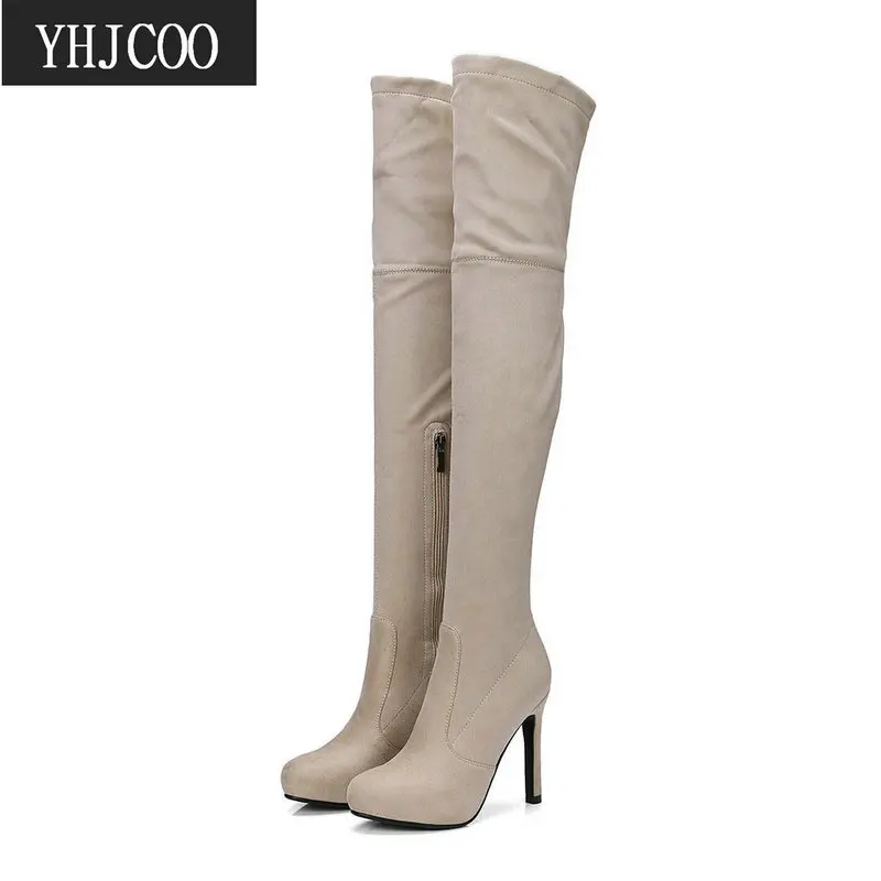 

2021 New Wonen Boots Fashion Sexy Elastic Flock Slim Fit Long Bota Feminina Thin High Heels Platform Zipper Boots Woman's Shoes