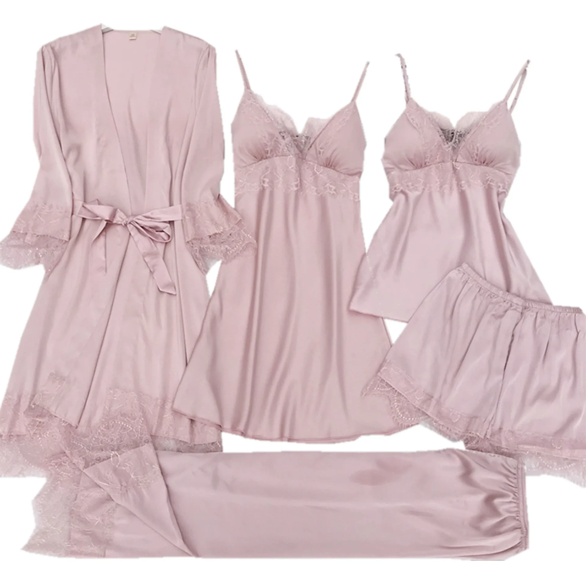 

5PCS Pajamas Set Silk Satin Womens Lace Nightwear Spring Strap Pyjamas Suit Female Lounge Sleepwear with Chest Pads Home Wear