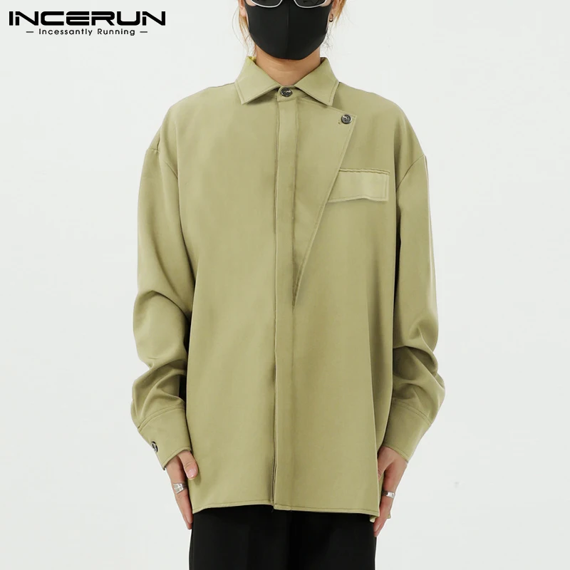 

Man Korean Style Buttons Chemise Stylish Loose Blusas INCERUN Men Leisure Solid Color Shirts Long Sleeve Turn Down Collar Blouse