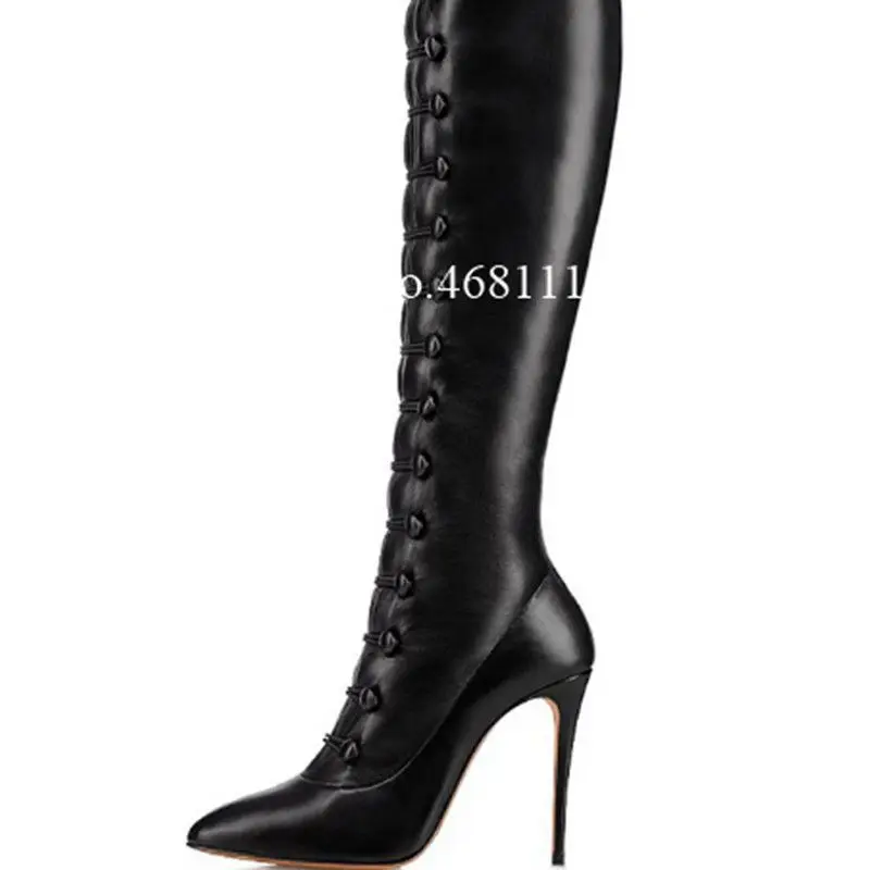 

2019 autumn and winter fashion women's shoes pointed high-heeled straps boots black sexy over the knee was thin Martin boots