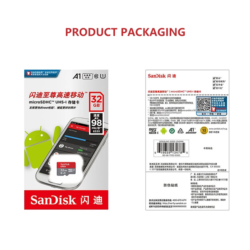 Sandisk микро SD карты A1 слот для карт памяти C10 98 МБ/с. 16 Гб оперативной 32 встроенной 64
