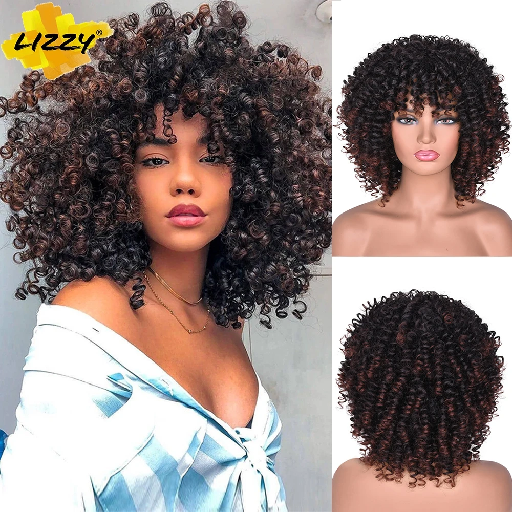

Short Synthetic Afro Kinky Curly Wigs Mixed Brown And Blonde Glueless Wig With Bangs Heat Resistan Natural Hair For Black Women