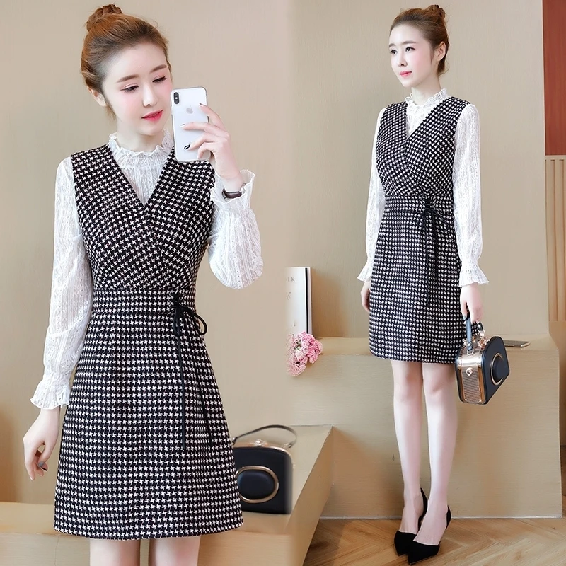 Женский комплект из 2 предметов кружевная рубашка и клетчатое платье без рукавов