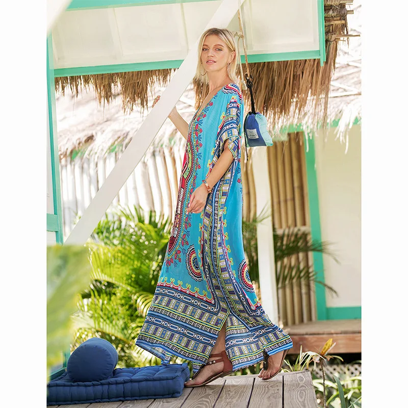 2021 Dubai Maxi Kaftan Women  Muslim Dress Print Vintage Female Beach Summer Robe Large Size Arabes Abaya Islamic Clothing