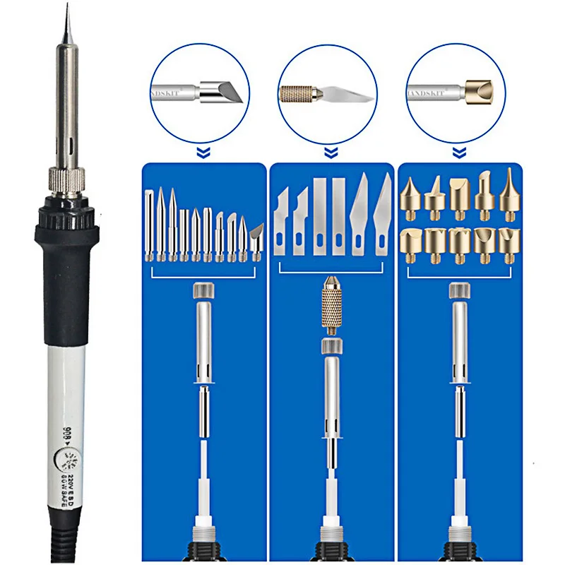 Паяльник с наконечником для гравировки по дереву 60 Вт 42 шт. комплект выжигания