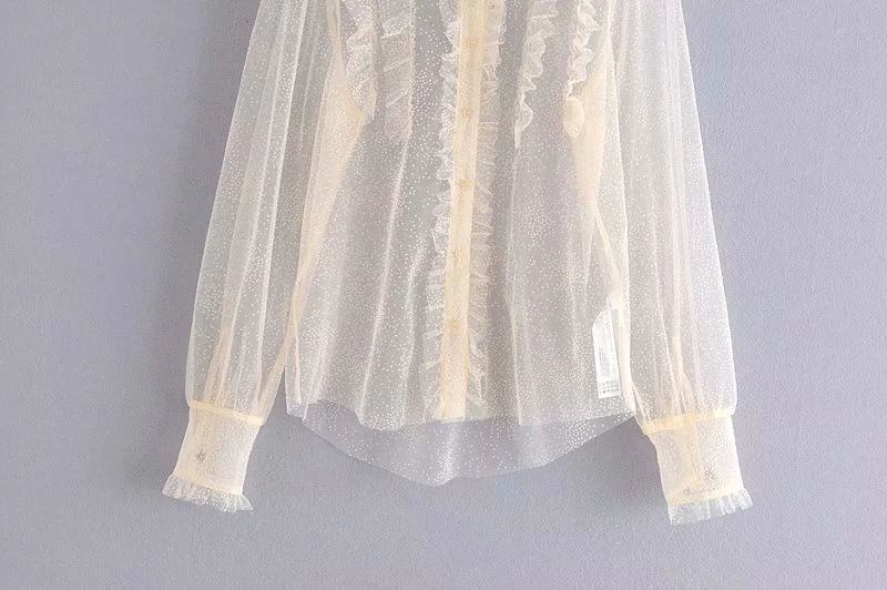 

Sweet Women Transparent Mesh Ruffles Shirt 2020 Fashion Ladies Peter Pan Collar Tops Streetwear Female Elegant Blouse Chic girl