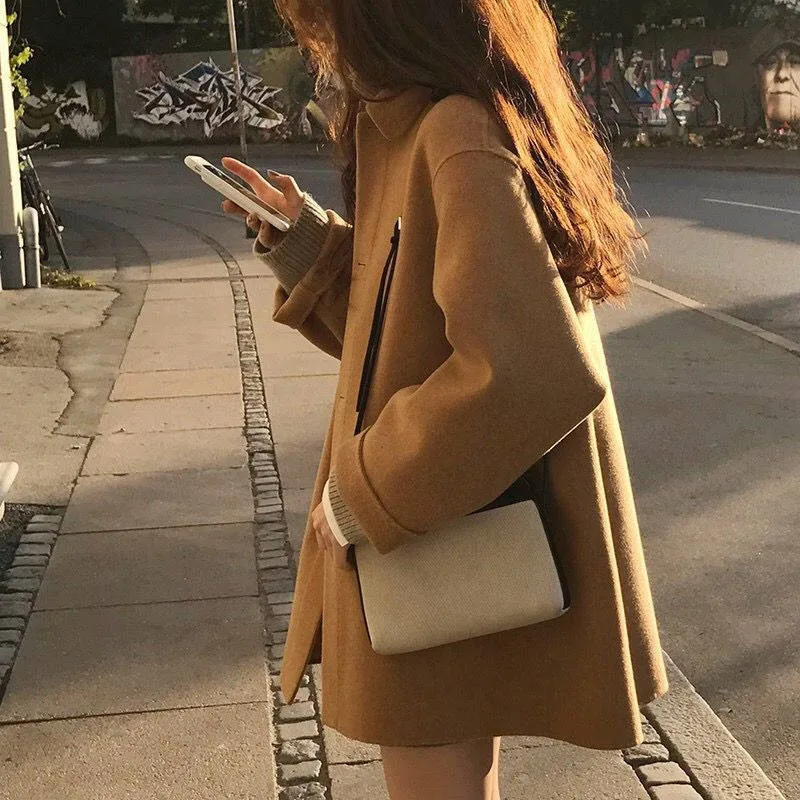 

Пальто осеннее шерстяное однобортное пальто, Женское пальто средней длины, новая Корейская популярная верхняя одежда, шерстяное пальто, ул...