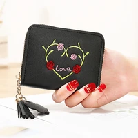 women short zipper love flower embroidery wallets female tassel letter coin purses multi function card holder clutch money clip