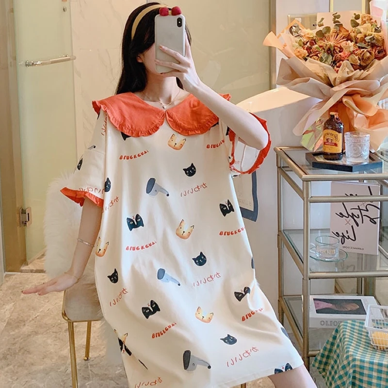 

Nightdress pajamas women's spring and autumn 2021 new style cotton doll collar long-sleeved plus size summer can wear home cloth
