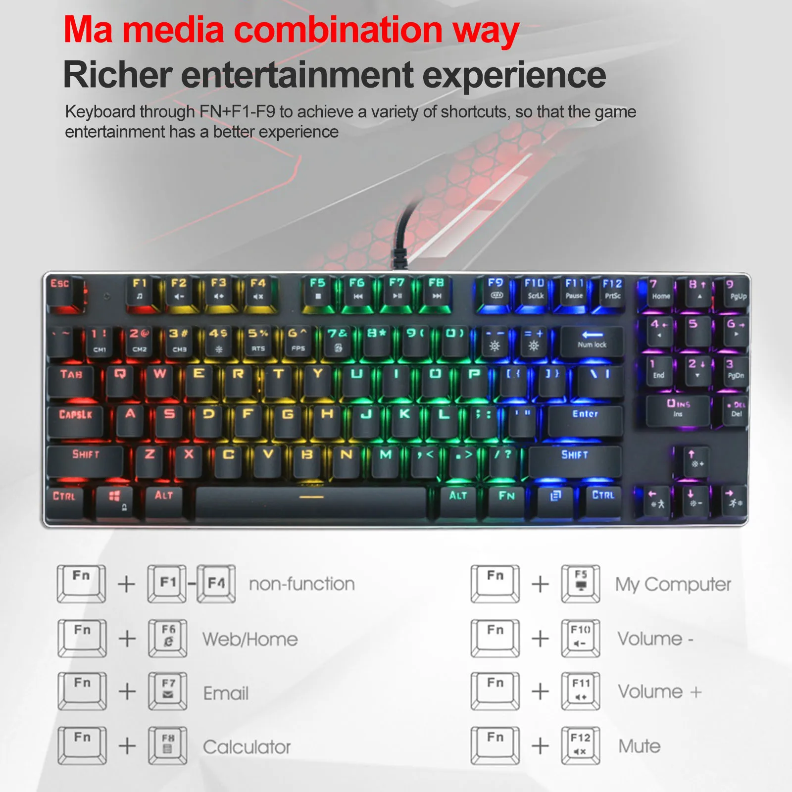 

Gaming Keyboard 89 Keys RGB Backlit Computer Keyboard Rainbow Colored Light For Pc Black Axis Compact Rainbow RGB Light
