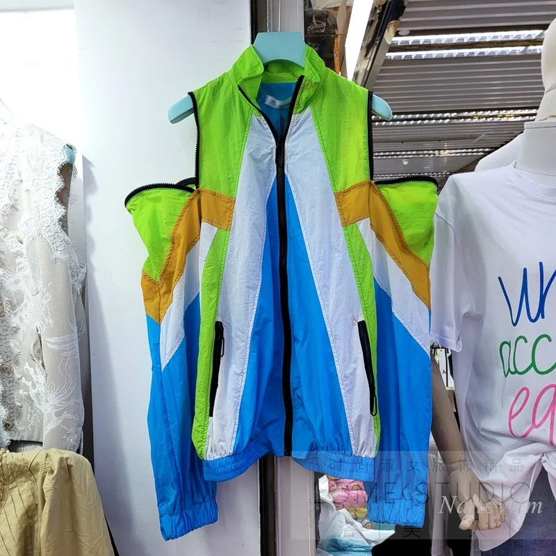 

Zipper Off Shoulder Jacket for Women Color Matching Thin Sun Protection Coat Girls Students Outwears Top Summer 2021