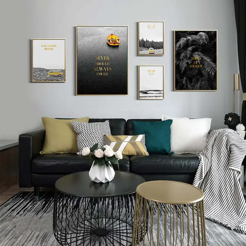 Современный плакат с желтым автобусом и лодкой морской принты черная белая