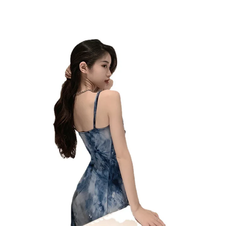 

Ice Silk Sexy Slip Dresses Gradient Color Ripped Collar Slim Figure Sleeveless Vintage Sexy Mini Skirt Women Clothes Undefined