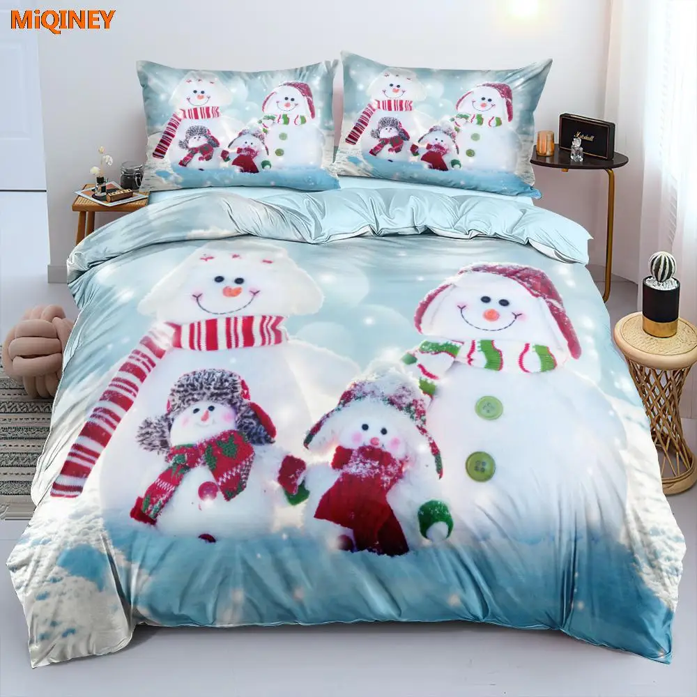 

MiQINEY 3D Duvet Cover and Pillowcase(s) Set Christmas Snowman Family Light Blue Quilt Covers Bedding Sets King Bed Linens