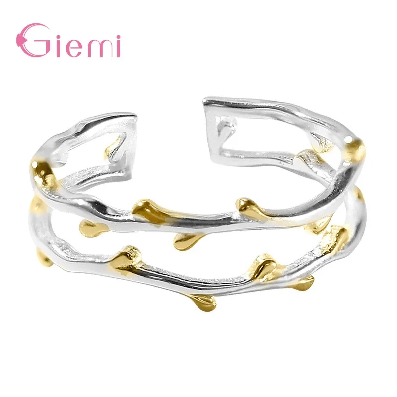 

925 Sterling Silver Jewelry Fresh Sweet Branch Leaf Temperament Personality Fashion Female Trendy Resizable Opening Rings