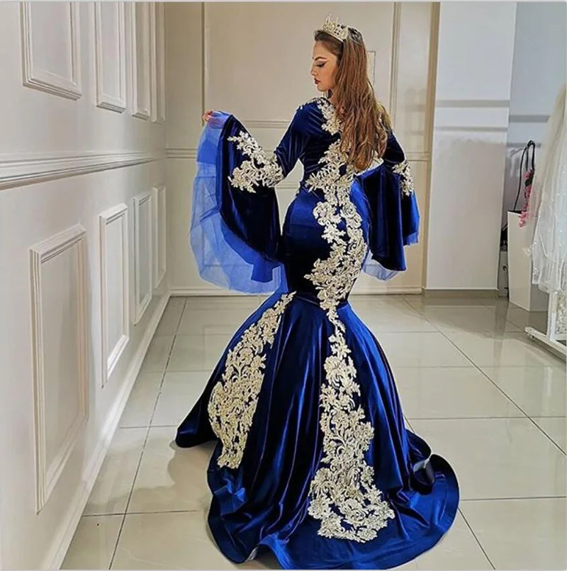 Марокко Кафтан Вечернее платье v-образным вырезом Аппликации Королевский синий