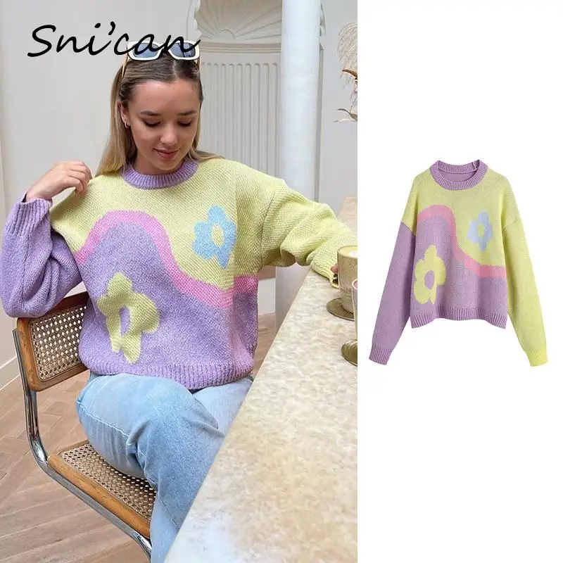 

Floral Knitted Sweater Fashion Casual Oversize Pullover Femme Autumn Winter Fashion Chic Tops Za 2021 Women Pull Femme Hiver New