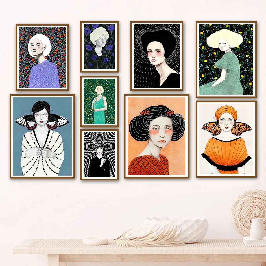 

Unique Women Butterfly Flower Plant Dress Wall Art Canvas Painting Nordic Posters And Prints Wall Pictures For Living Room Decor