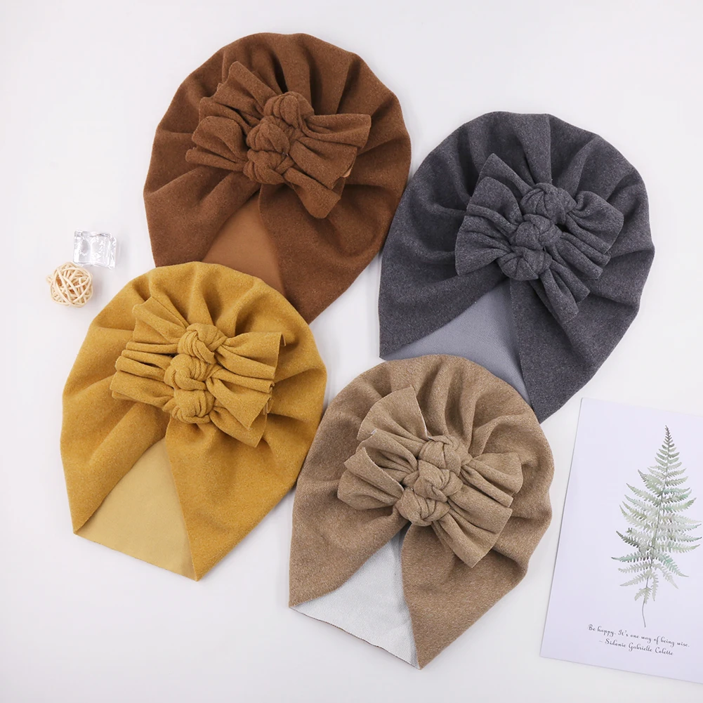 

Solid Faux Cashmere Turban Hats Handmade Folded Knotted Caps Soft Warm Beanies Photography Props Infant Autumn Winter Headwraps