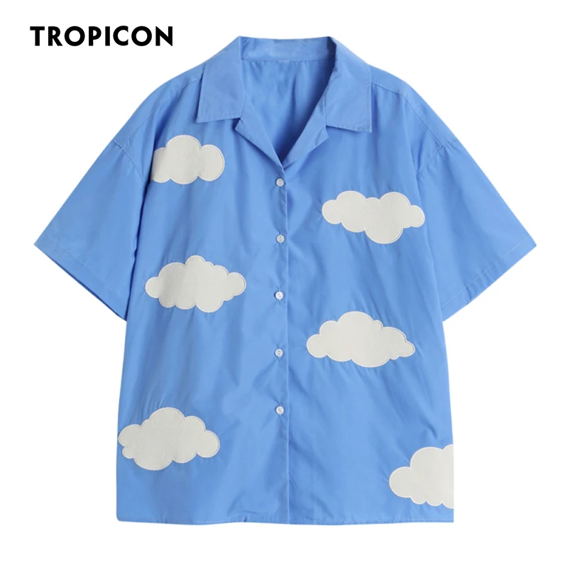 

TROPICON Blue Sky And White Cloud Embroidered Cuba Shirt Short Sleeve Summer Top Button Up Collared Shirt Women Designer