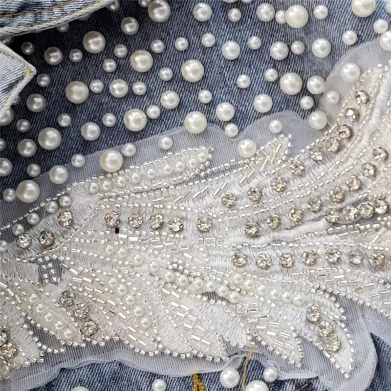 

European Style 2021 New Denim Vest Beading Diamonds Fashion Lady Summer Tops Pearls Shoulder Slim Women Sleeveless Jean Jacket