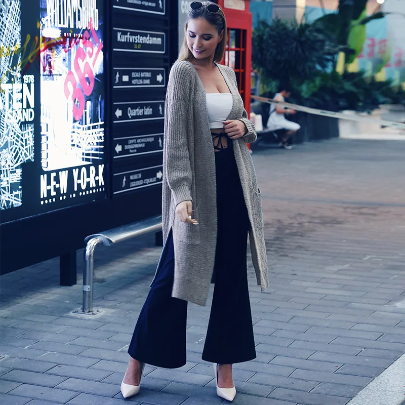 Осенне-зимний длинный женский кардиган вязанный с рукавом 2019 вязаный
