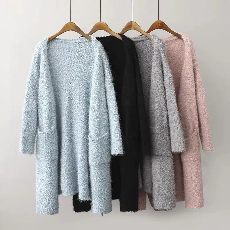 Мода Розовый Свитер Длинный Кардиган Женщин Открытый Стежка Зима Вязаный Пальто