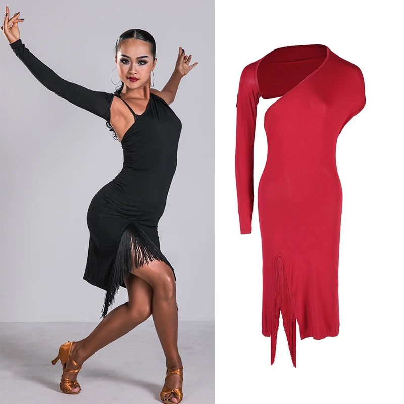 Женское платье для латинских танцев сексуальное черное/красное с кисточками и