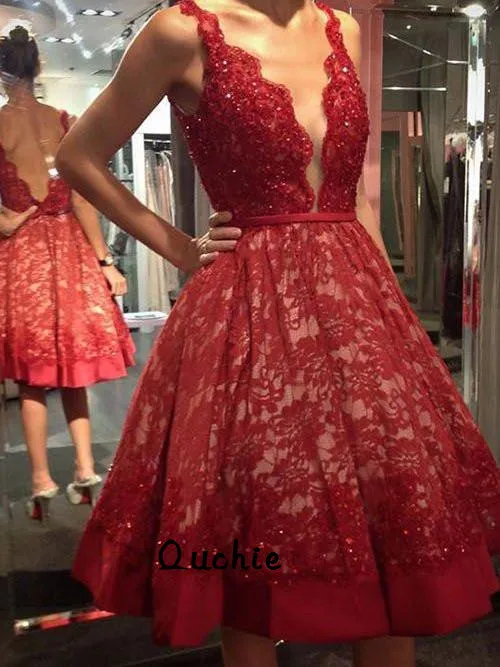 

Red Homecoming Dresses Spaghetti Straps Deep V Neck Backless Lace Party Dresses Knee Length Prom Dress vestidos de graduacion