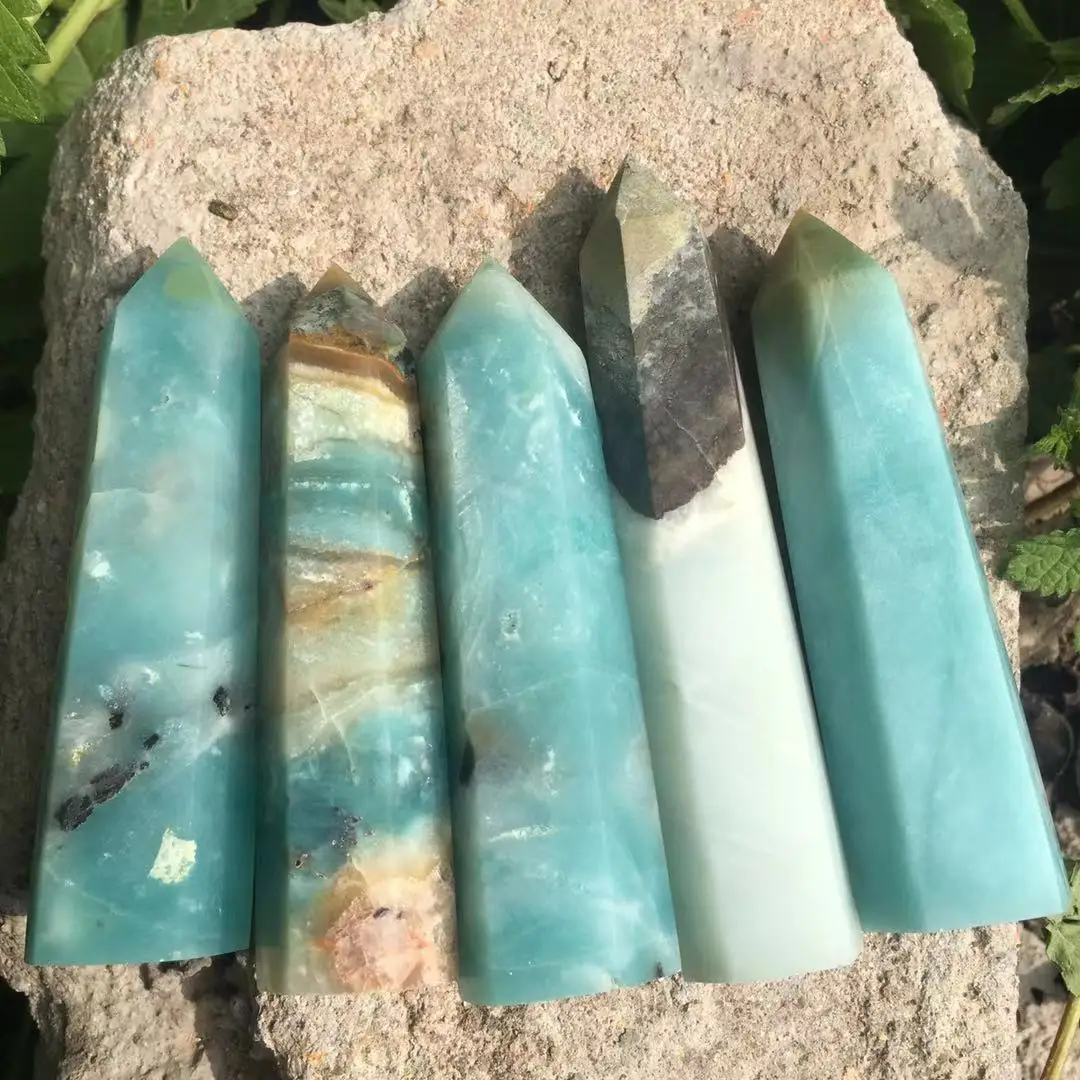

Natural Caribbean Calcite Crystal Hexagon Wand Single Point Sky Blue Healing Stone Tower For Decoration