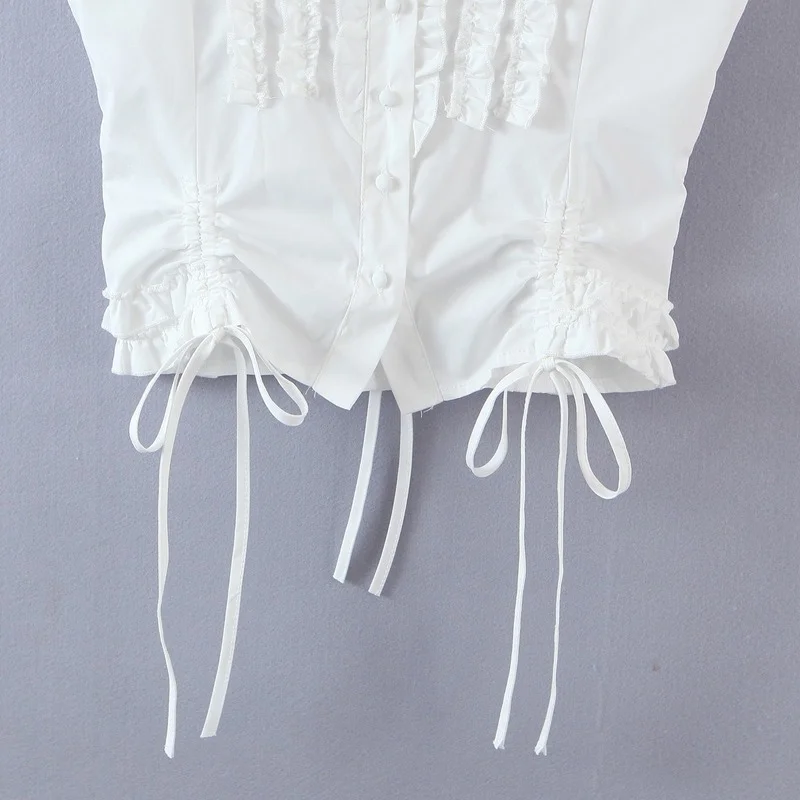 

Chic Fungus Puff Short Sleeve Women Blouse Square Collar Drawstring Button-up Shirts 2021 Summer Eleagnt Solid Slim Ladies Tops