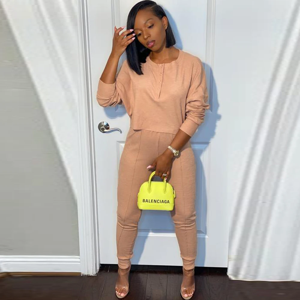 

Office Lady Casual Two Piece Pant Suit for Women Full Sleeve O-neck Crop Tops and Slim Fit Legging Solid Color Matching Sets