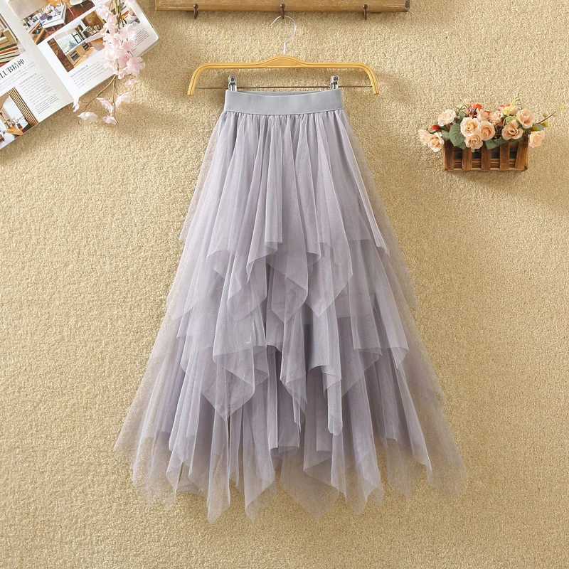 

Women irregular Tulle Skirts Fashion Elastic High Waist Mesh Tutu Pleated Long Midi Saias Faldas Jupe Femmle