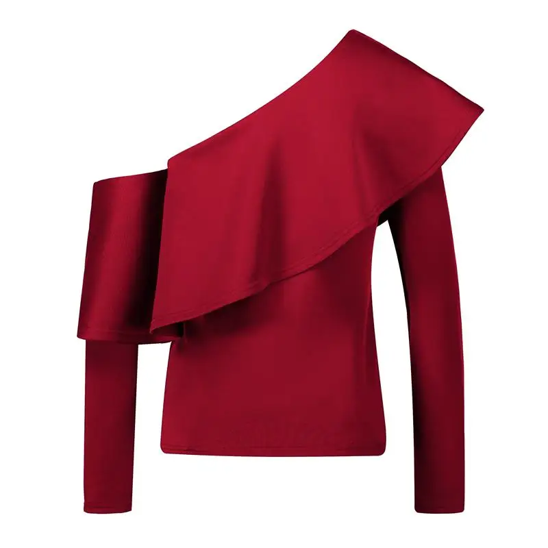 

2021 Women's One-word Oblique Shoulder Ruffled Shirt Women's Fashion Sexy Top Elegant Pearl Beaded Blusas Long-sleeved Club Top