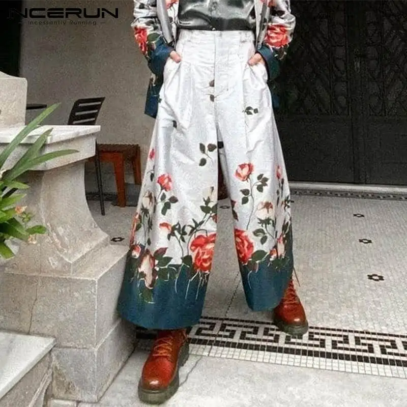 

Брюки мужские с цветочным принтом, на пуговицах, с широкими штанинами