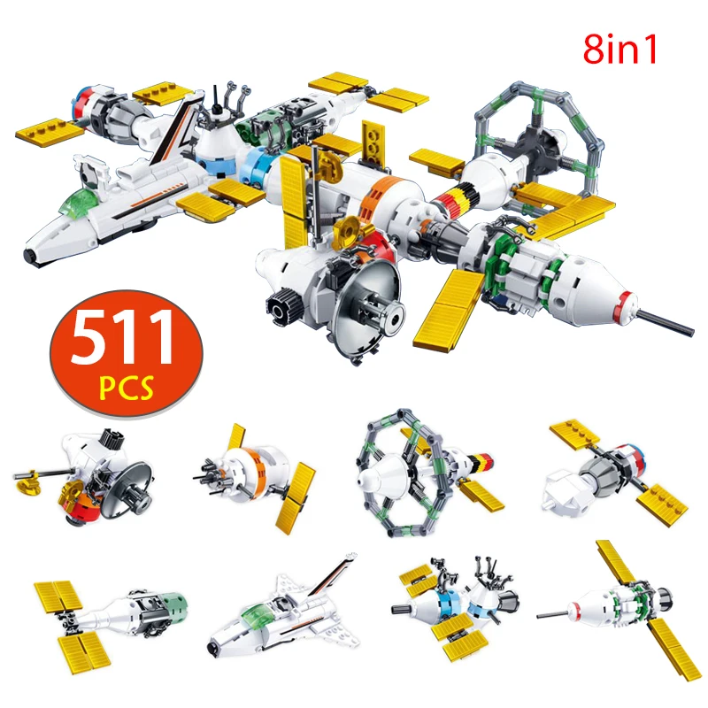 

511pcs 8 in 1 Technical International Space Exploration Station Building Block Universe Aerospace Bricks Toys For Boys Gifts