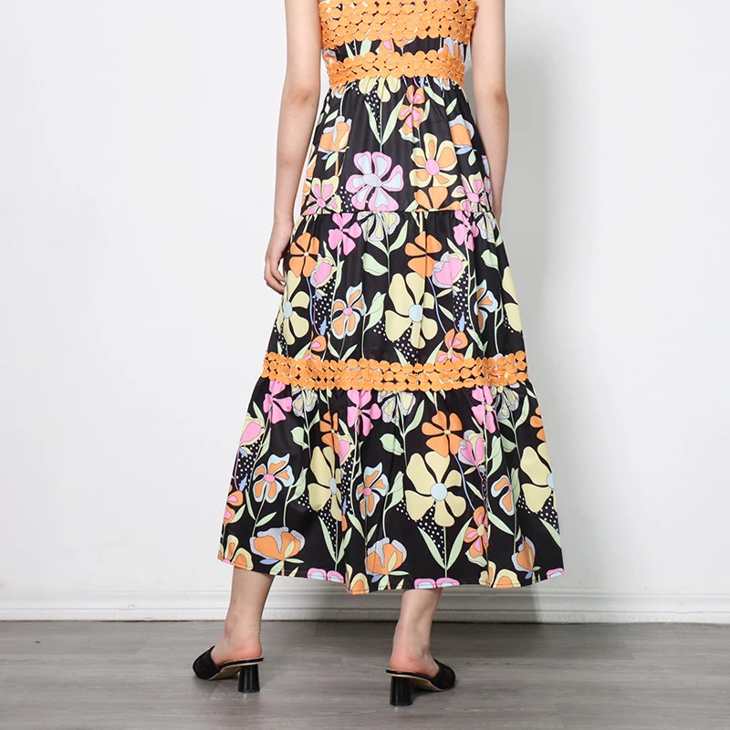 

Vintage Lace Up Sling Dress For Women Square Collar Sleeveless High Waist Print Summer Dresses Female Fashion New