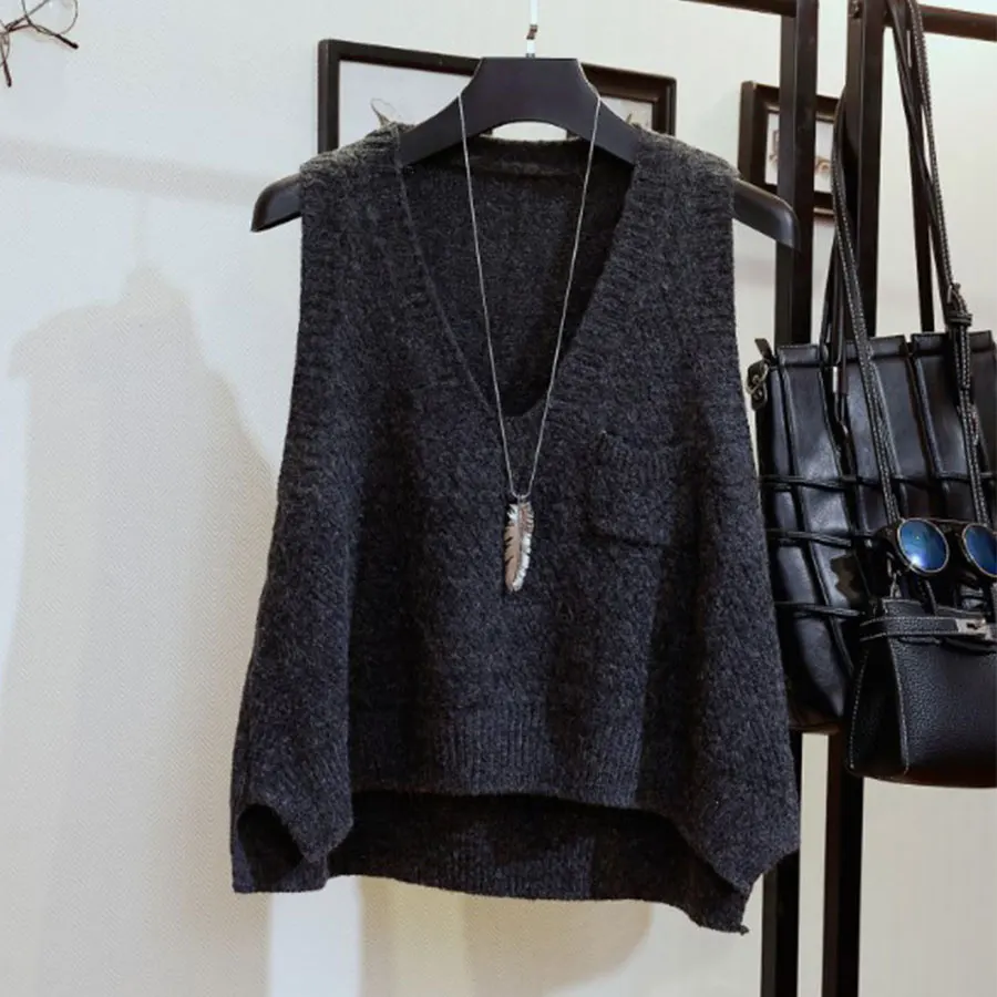 Женский свитер без рукавов с v-образным вырезом, вязаный жилет, свитер с коротким разрезом, однотонный демисезонный Повседневный Универсальный жилет высокого качества