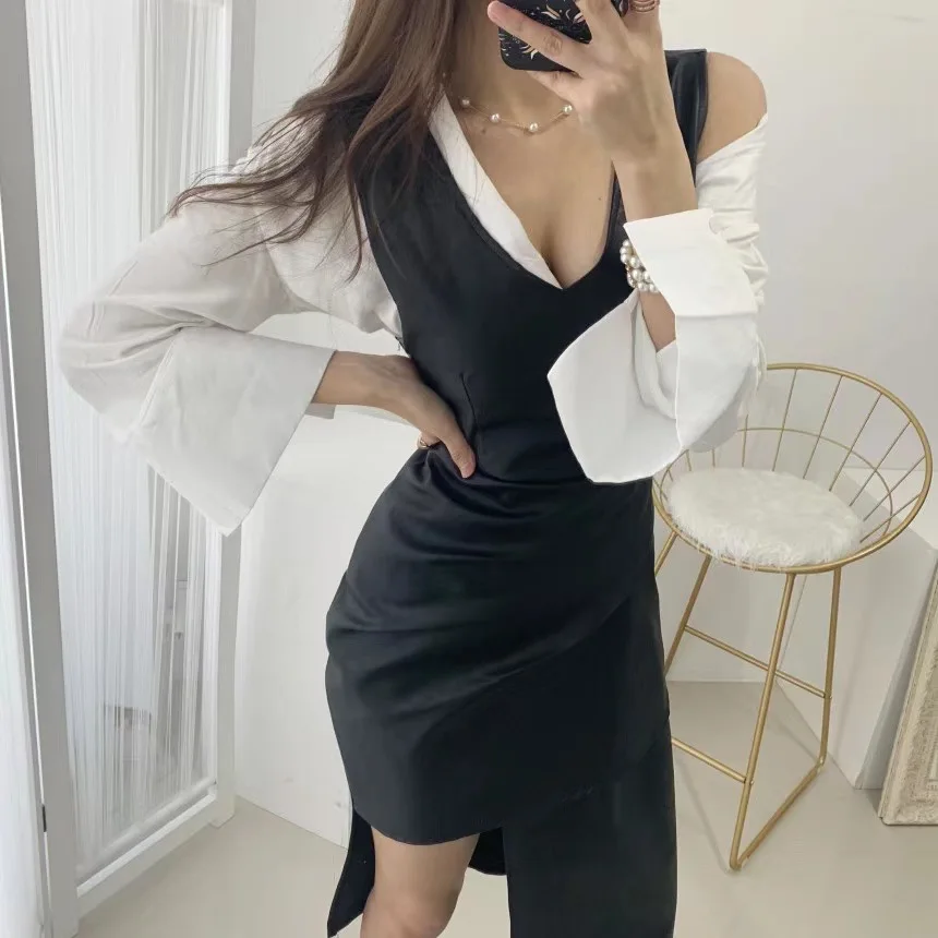 

VICONE 2021 new sTemperament bag buttock slim irregular leather dress + long sleeve shirt suit