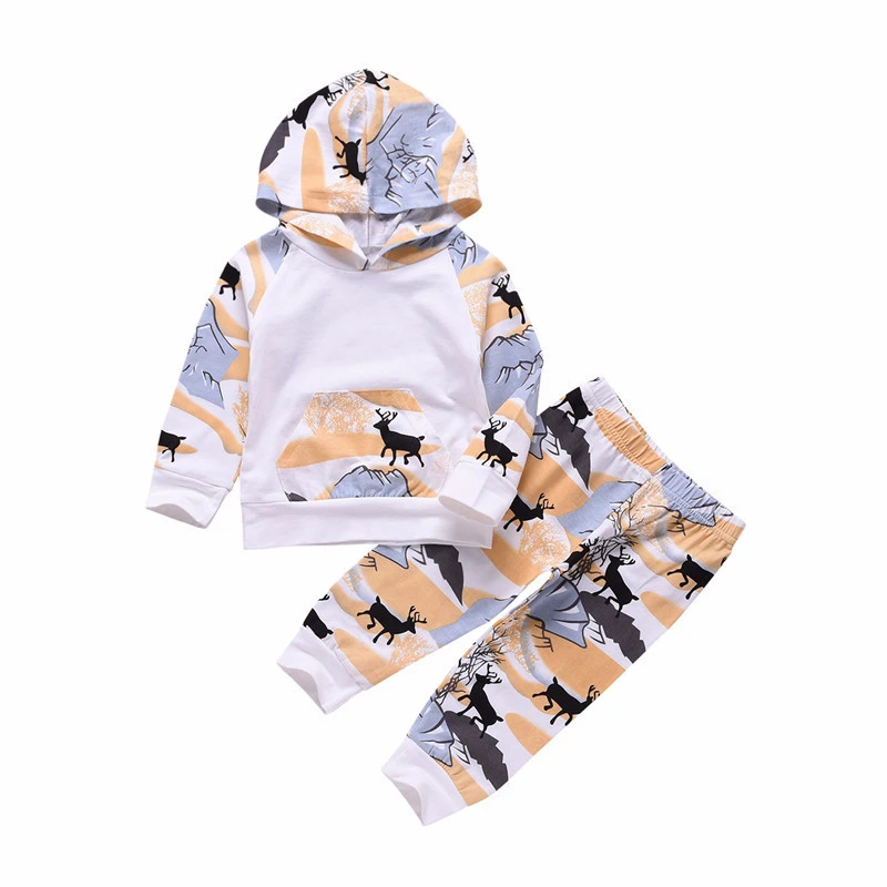 

0-2 Years Newborn Baby Kids Suit for Girls Boys Clothes Set Long-sleeve Children's Hooded Cartoon Print Sweatshirt+Pant Outfits