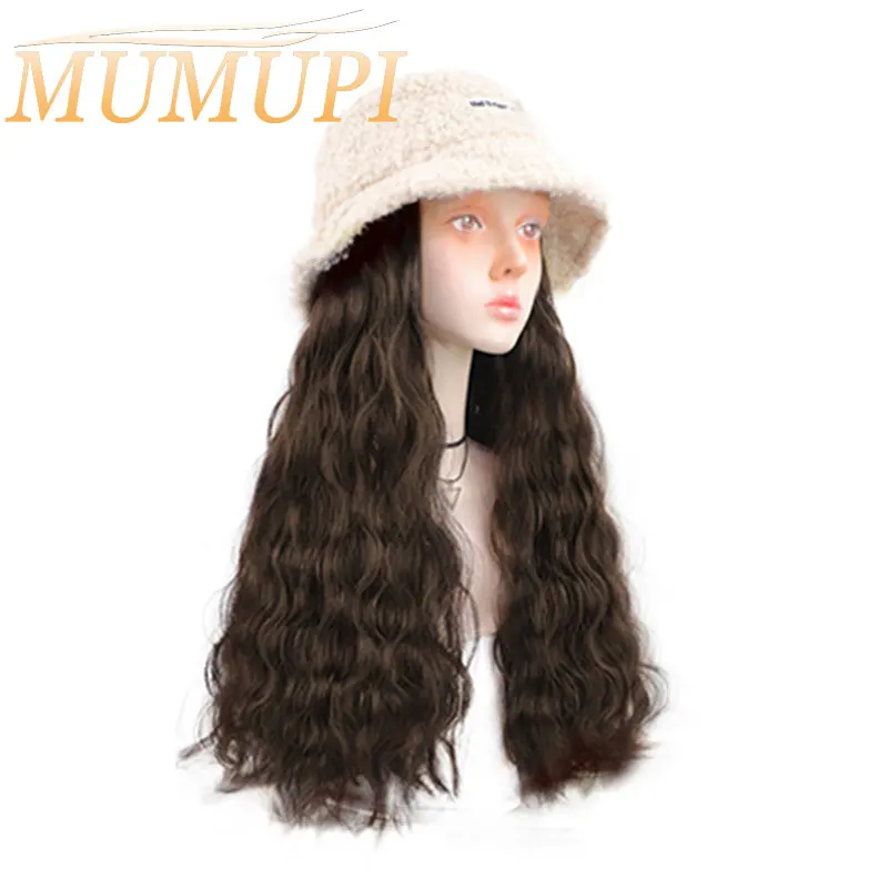 

Synthetic Long Curly Hair with Hat Wigs for Women Natural Hair Color Black Brown Hair Extensions Girls Winter Hat MUMUPI