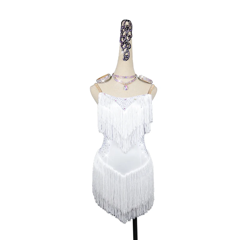 Платье для латиноамериканских танцев блестящее белое платье с бахромой