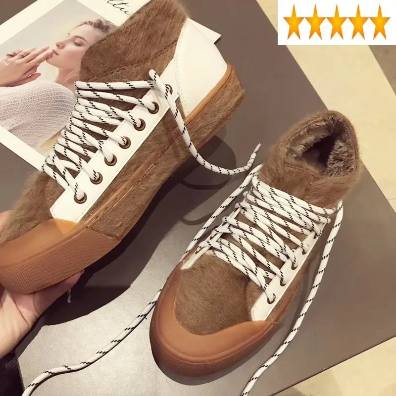 

Fur Women Fashion Mink Lace Up Warm Flat Sneakers Winter 2021 Round Toe Zapatillas Mujer Leisure Cotton Shoes Loafers
