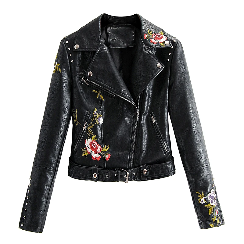 Spring Autumn Women PU Leather Jacket Fashion Embroidery Chic Rivets with Belt Biker Jackets Zippers Ladies Coats Outerwear