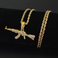 hiphop rhinestone paved bling gold stainless steel ak 47 gun pendants necklace for men rapper best jewelry choker
