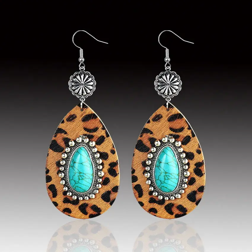 

PU Leather Teardrop Crystal Art Deco Oval Turquoise Stone Ethnic Earrings For Women Retro Metal Flower Statement Earrings 2021